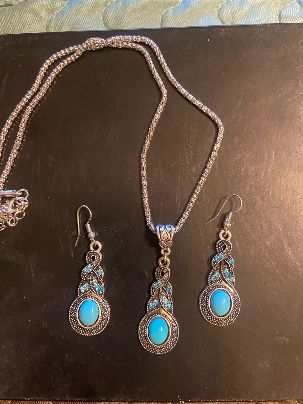 Silver-Tone Turquoise Pendant Necklace and Earring Set